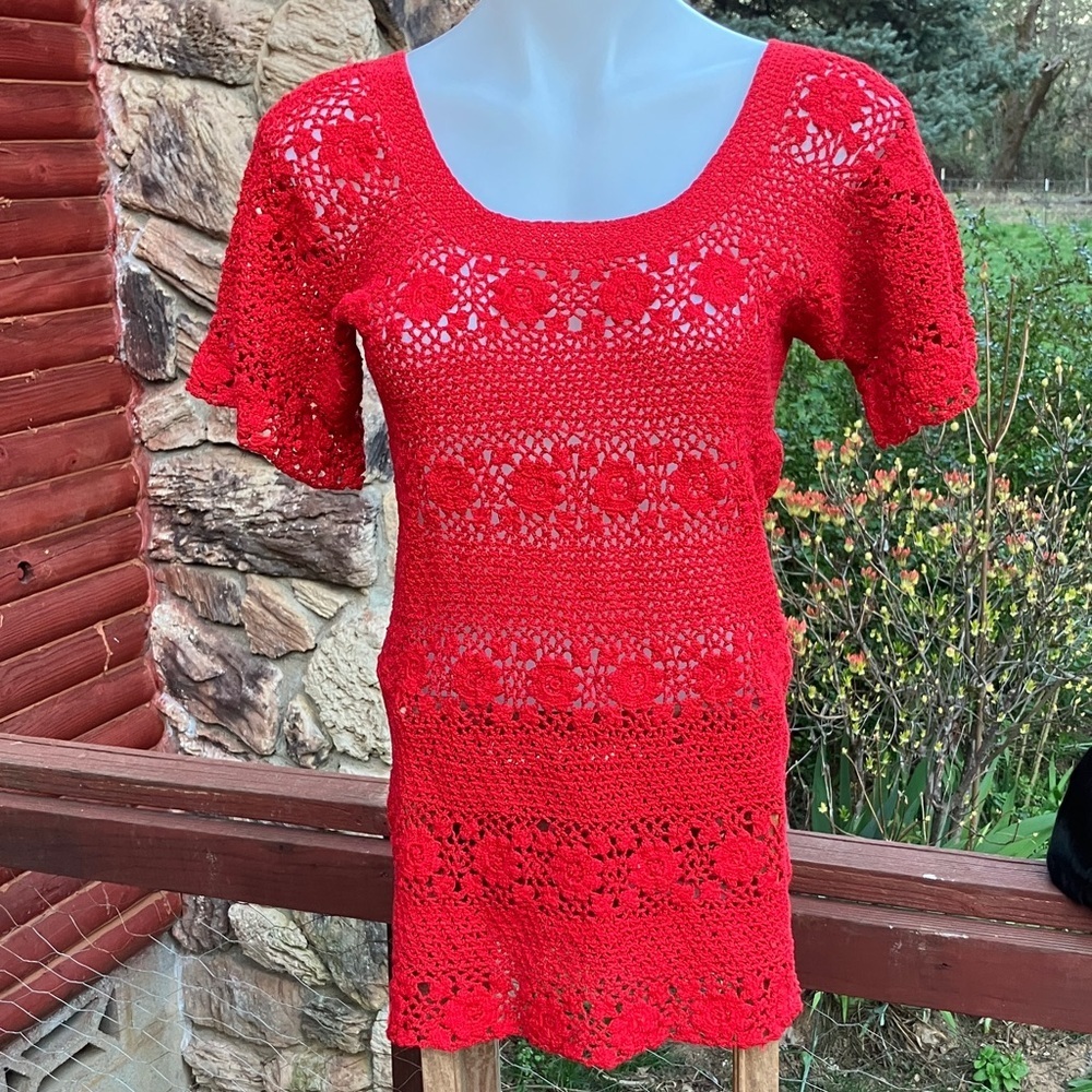 Crocheted handmade ini dress red roses size S/ M